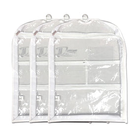 Dream Duffel clear garment bag showing three-pocket design for shoes and accessories