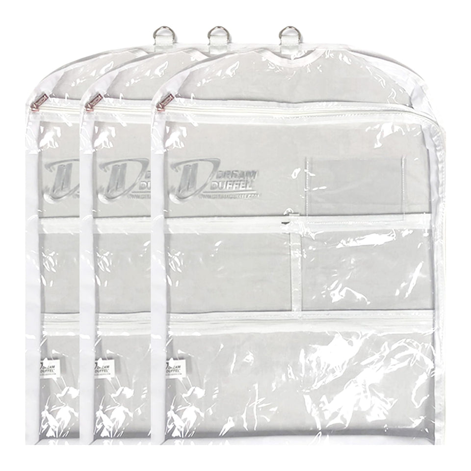 Dream Duffel clear garment bag with three pockets keeps shoes and accessories organized on the go.