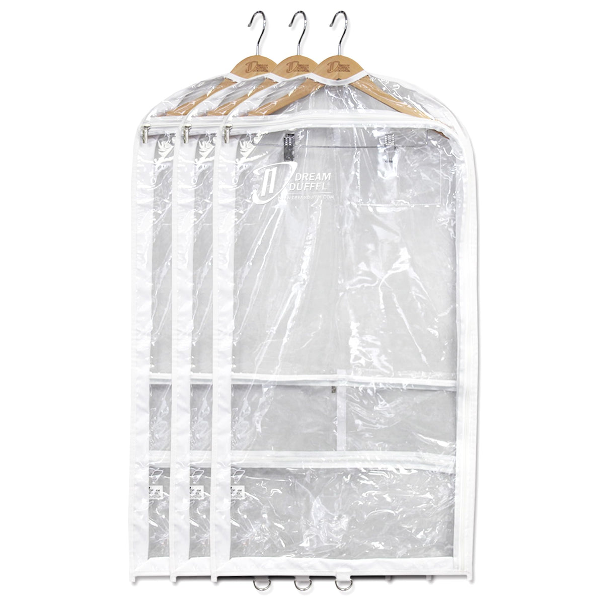 Dream Duffel clear garment bag 3-pack shown with transparent panels for easy visibility.