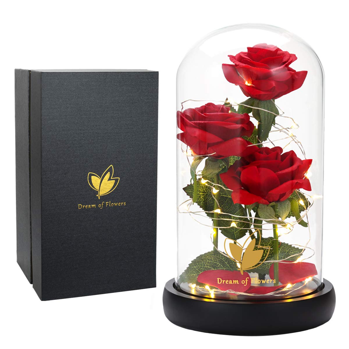 Dream of Flowers Beauty and the Beast rose in glass dome glows with timeless romance.