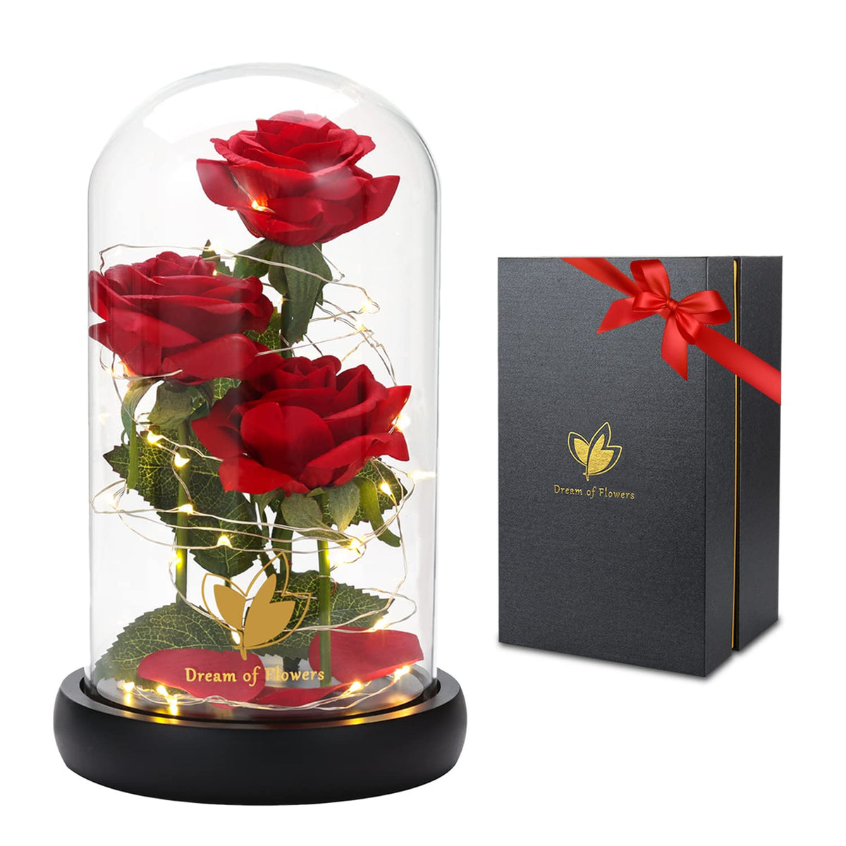 Dream of Flowers Beauty and the Beast rose under a glass dome with LEDs for romantic centerpiece.