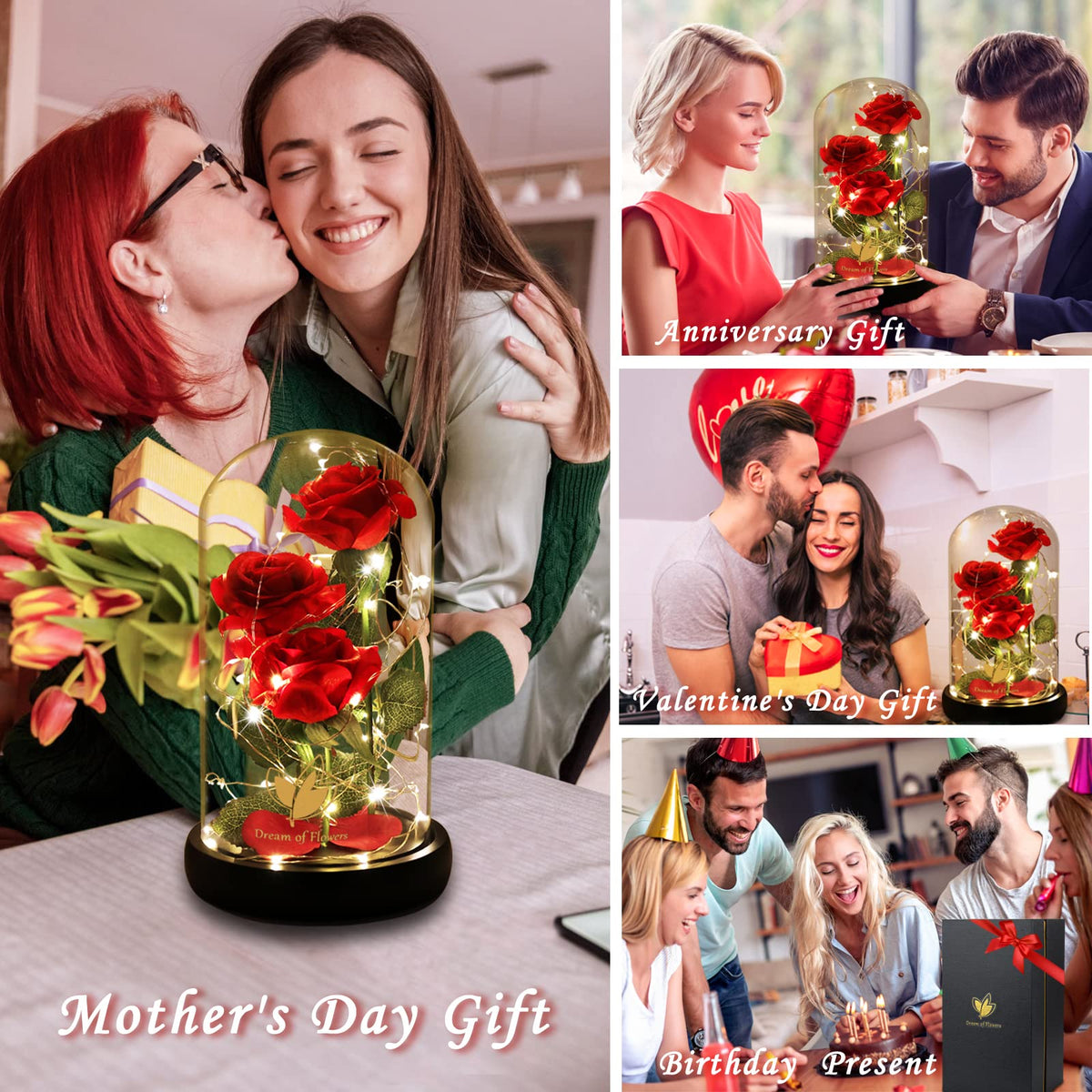 Dream of Flowers preserved rose in glass dome highlighting 40 warm LEDs.