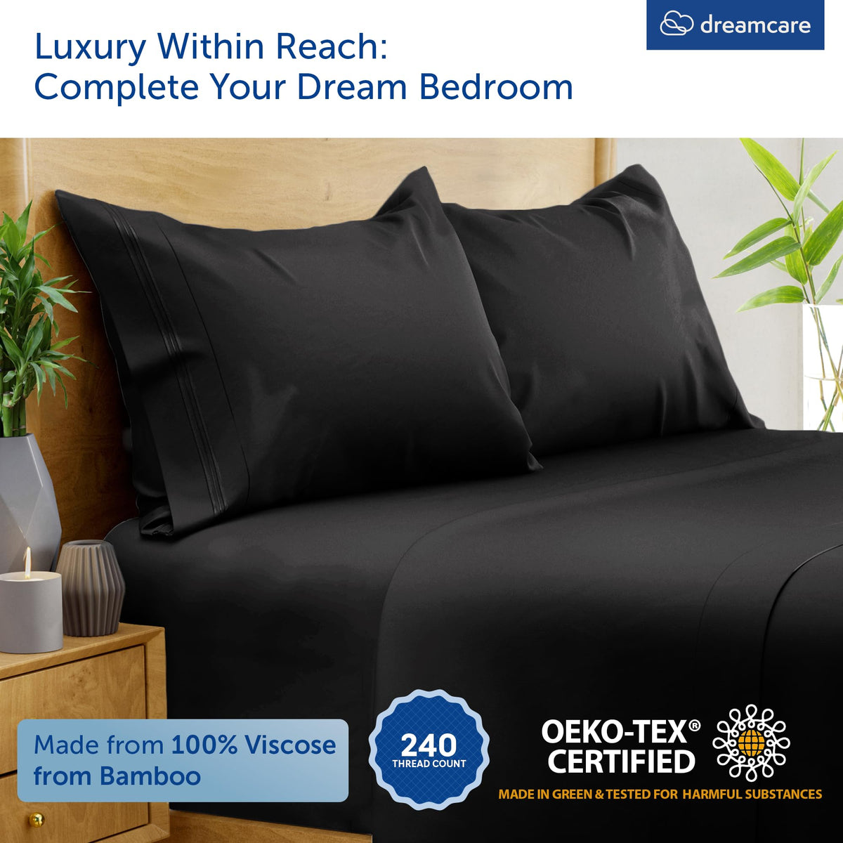 DREAMCARE bamboo king fitted sheet image emphasizing secure fit for deep mattresses