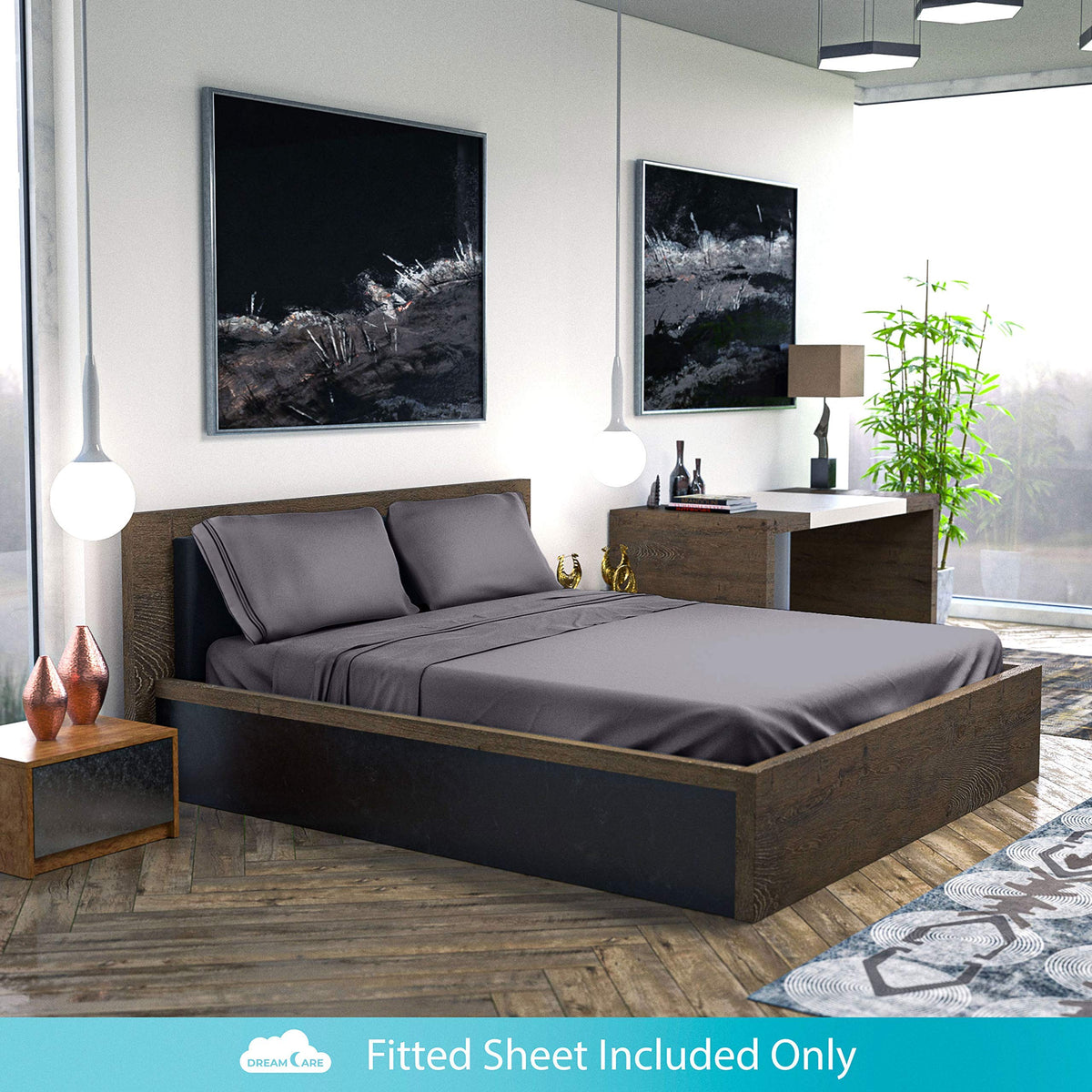 DREAMCARE grey king fitted sheet highlighting durable, fade-resistant color