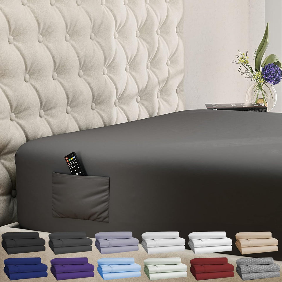 DREAMCARE king fitted sheet with side pocket showing convenient storage near bed
