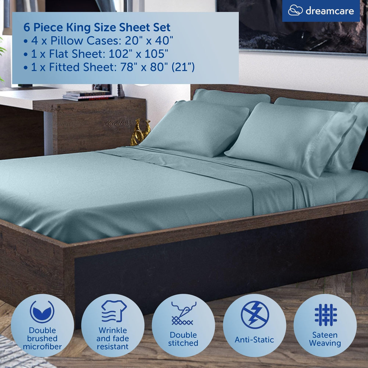 DreamCare 6-piece king sheets set laid out for a complete bedding arrangement