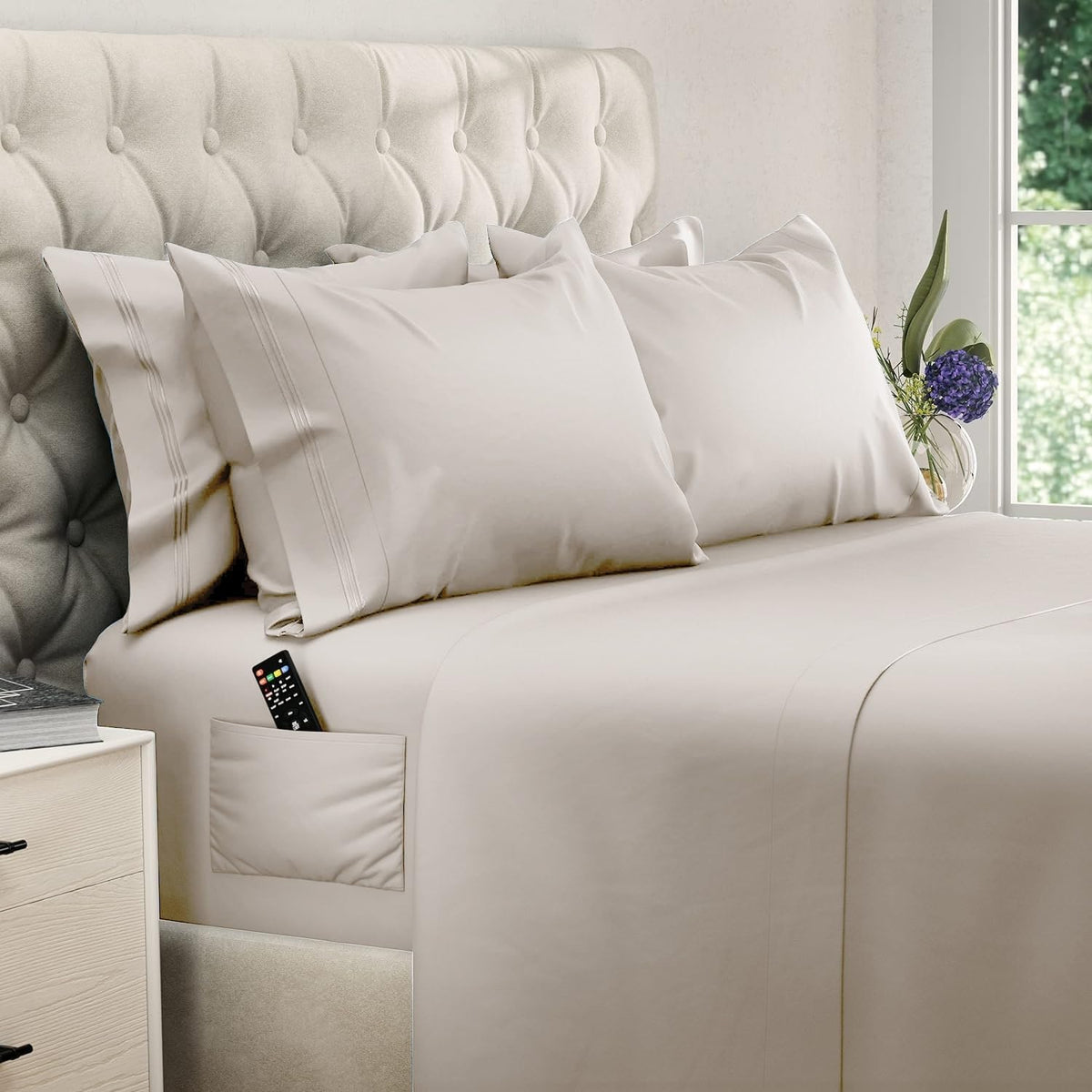 DREAMCARE King Size Sheets Set beige packaging showcases premium hotel-inspired bedding.