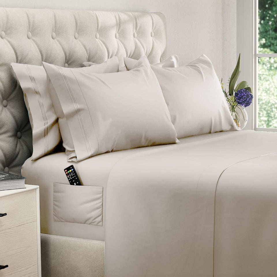 DREAMCARE King Size Sheets Set beige packaging showcases premium hotel-inspired bedding.