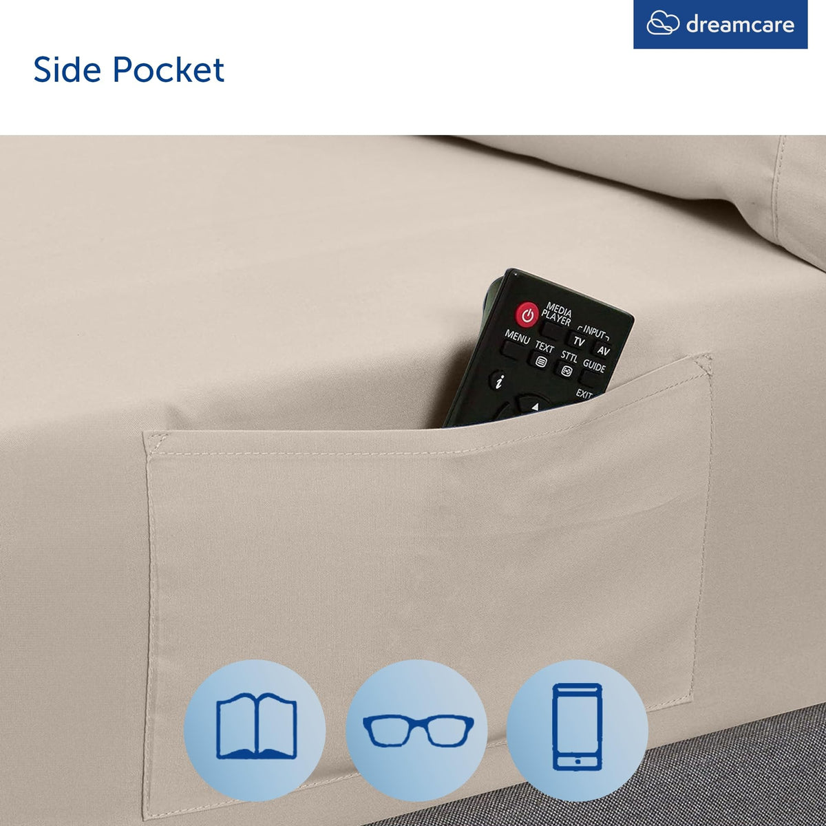 DREAMCARE King Size Sheets side pocket feature keeps phone or remote within reach.
