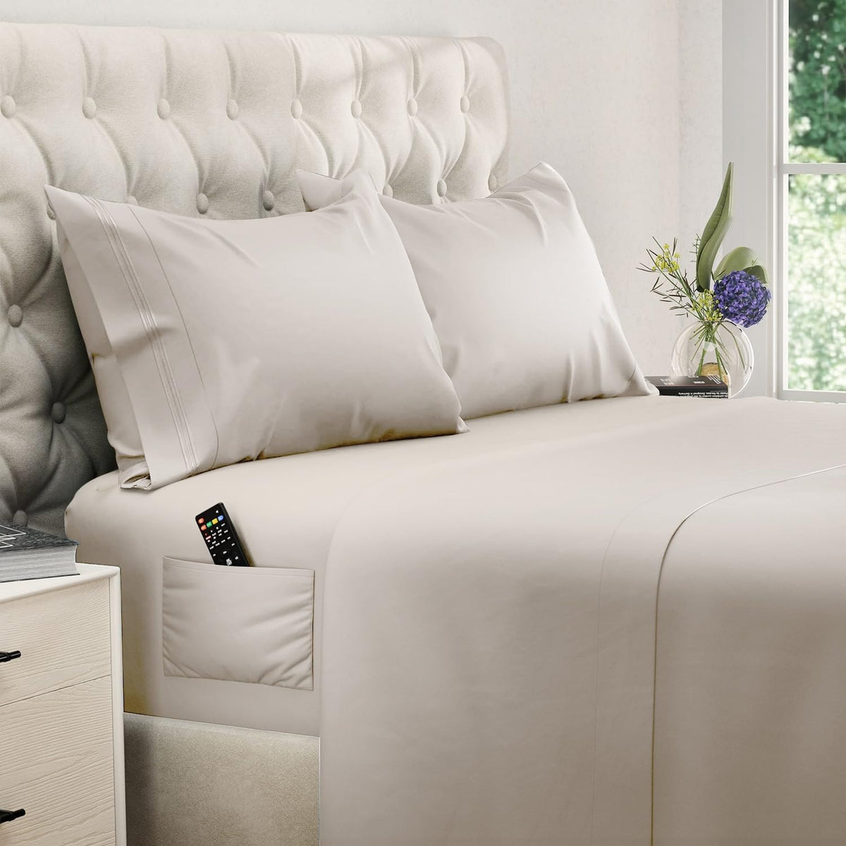 DREAMCARE queen sheet set on beige bed for luxurious all-night comfort
