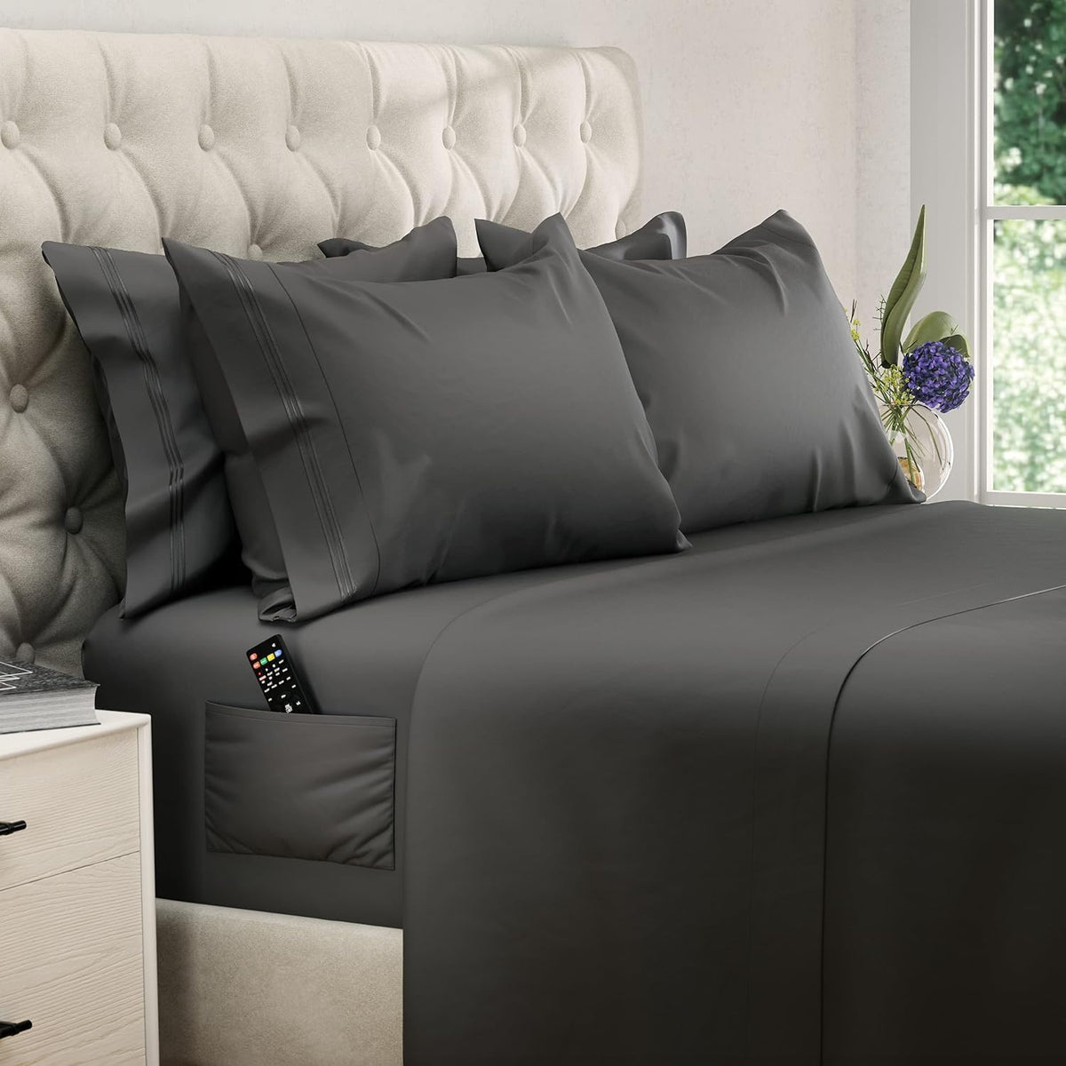 DREAMCARE gray bedding adds a sophisticated hotel vibe to any room.