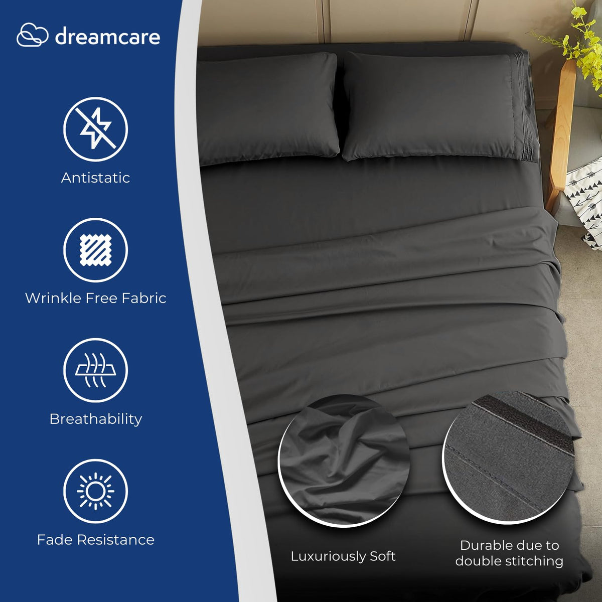DREAMCARE fitted sheet shows deep pocket up to 15 inches for a secure fit.