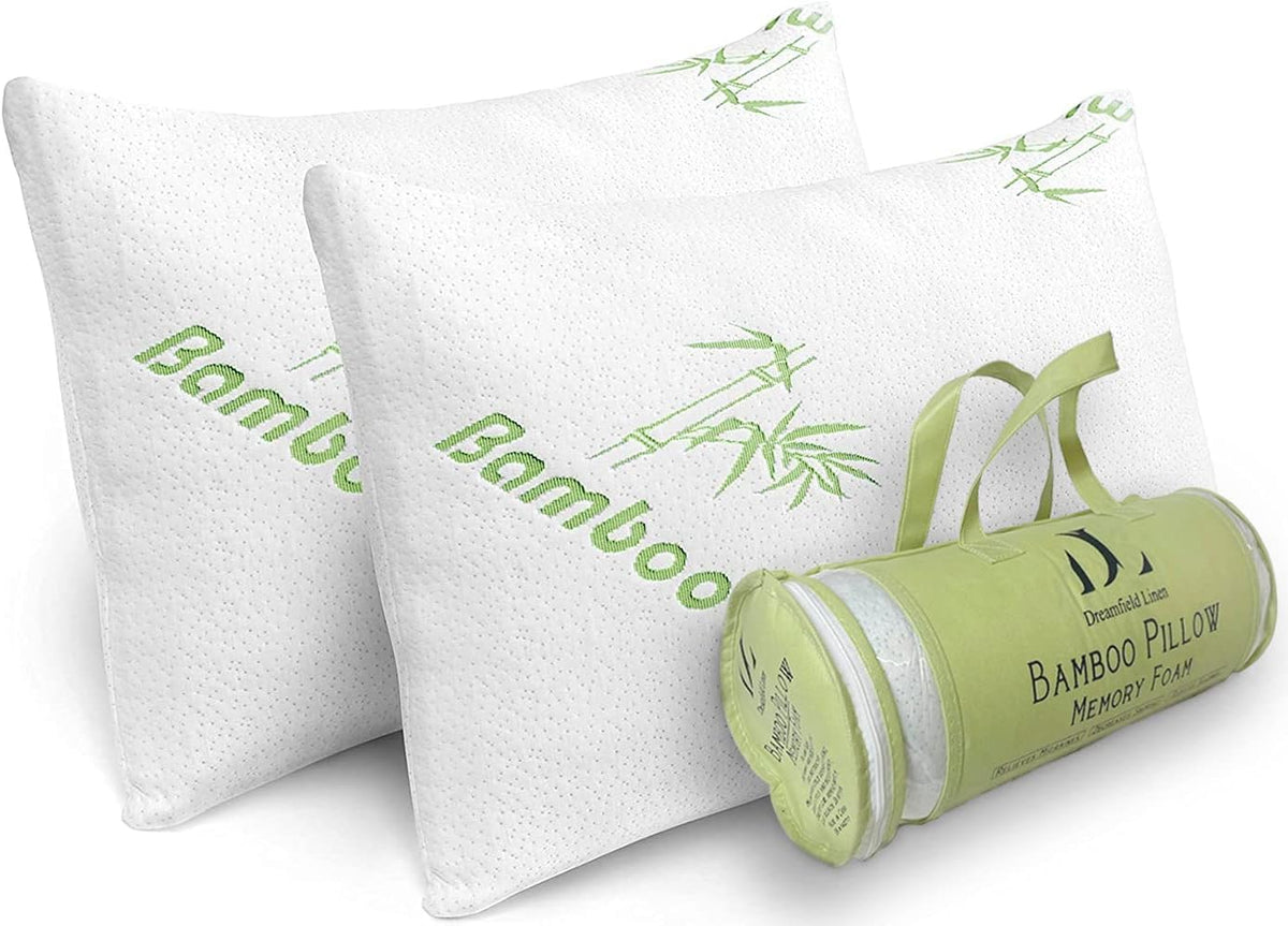 DreamField Linen memory foam pillow close-up reveals shredded fill for customized neck support.