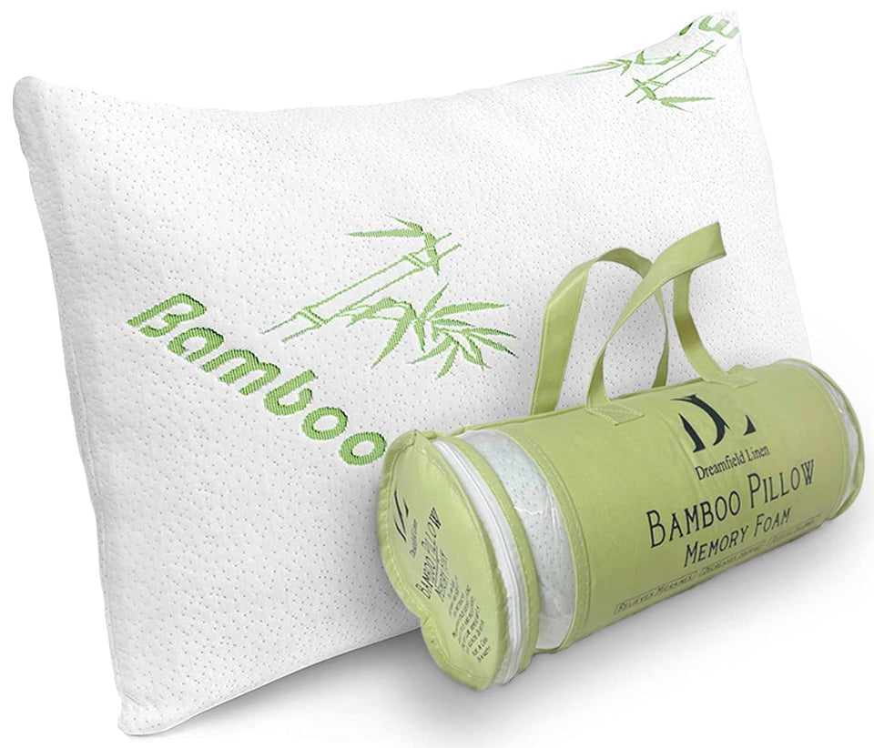 DreamField Linen memory foam pillow close-up with adjustable fill for personalized comfort.
