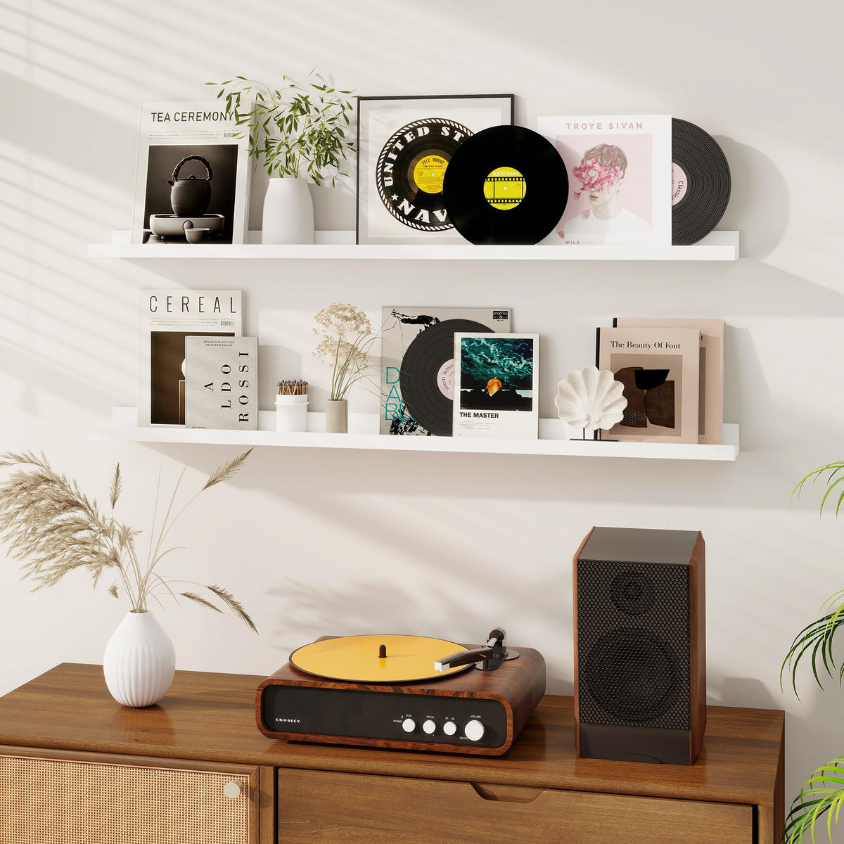 Dreamland floating white shelves highlight modern style and space-saving storage.