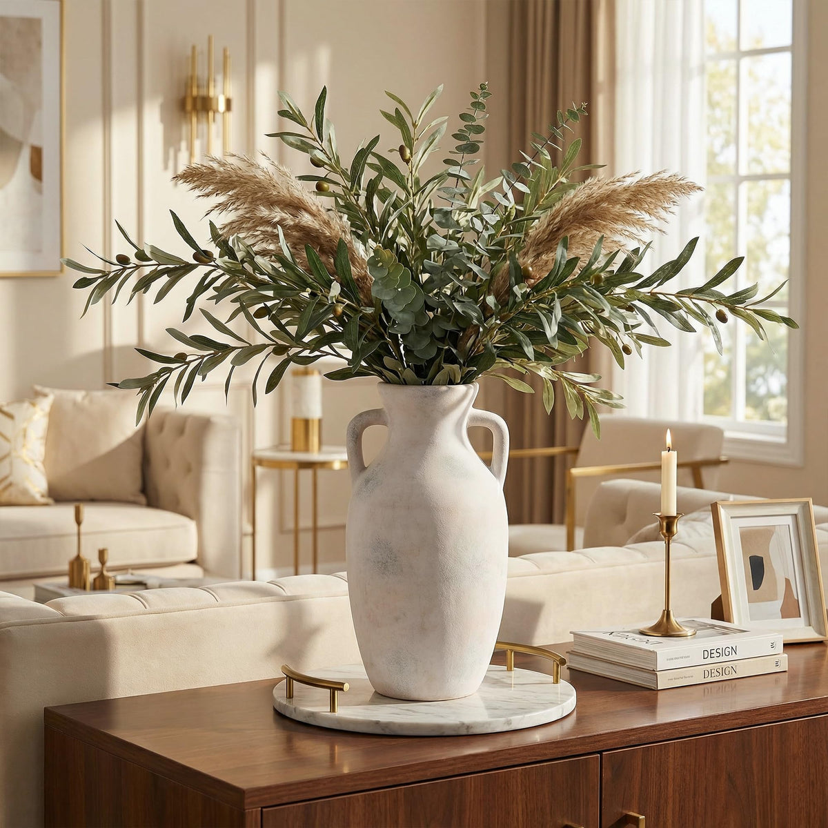 DreamLoom ceramic vase in living room decor setting with dried stems.