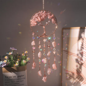Dreamocean pink dream catcher with Tree of Life, rose quartz butterfly pendant for natural light display