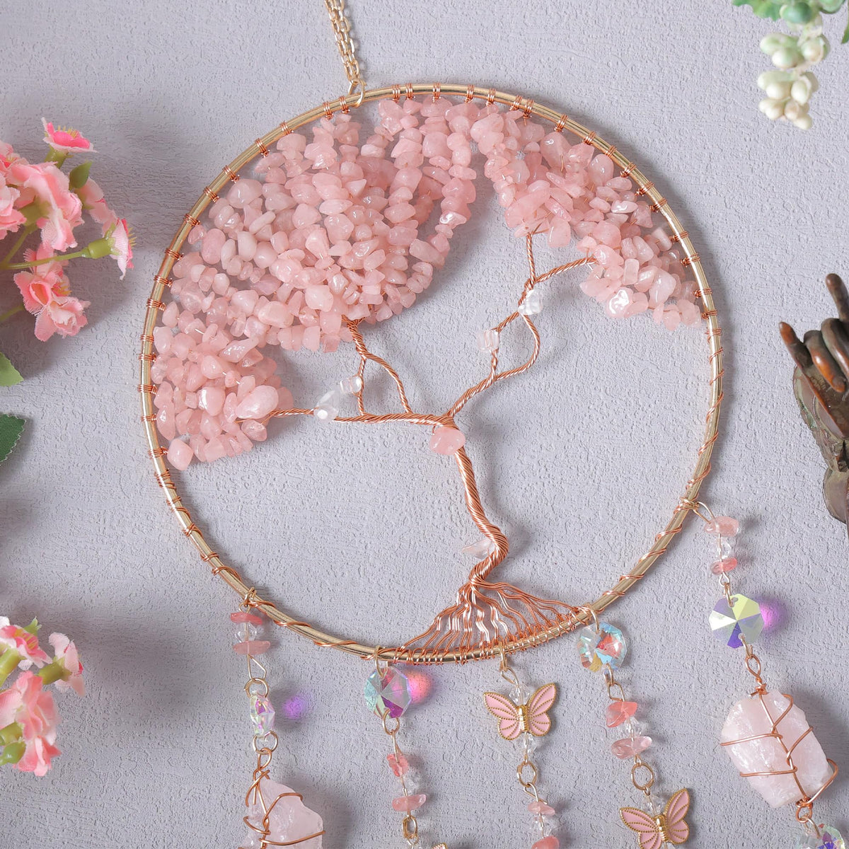 Dreamocean rose quartz butterfly pendant accent on pink dream catcher
