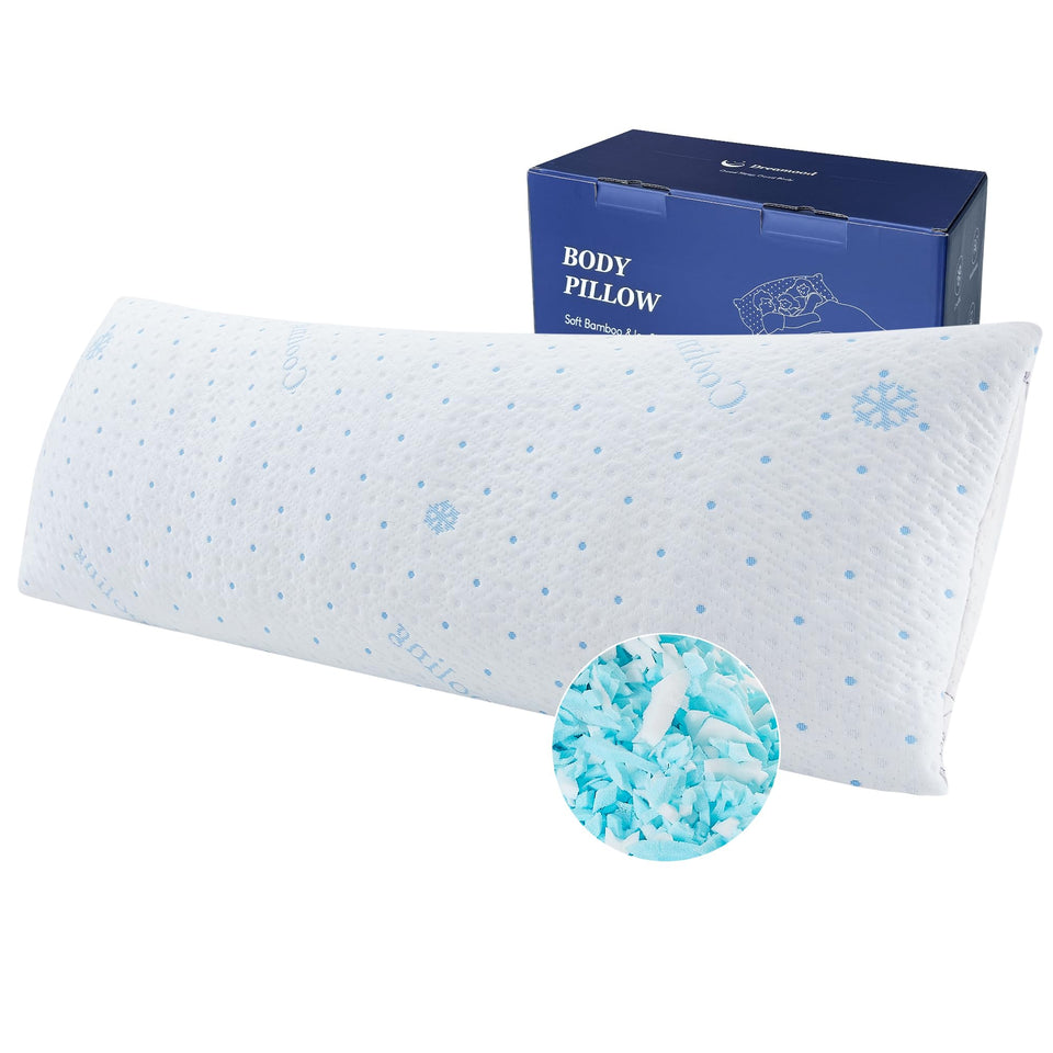 Dreamood cooling body pillow with ice silk cover for hot nights.