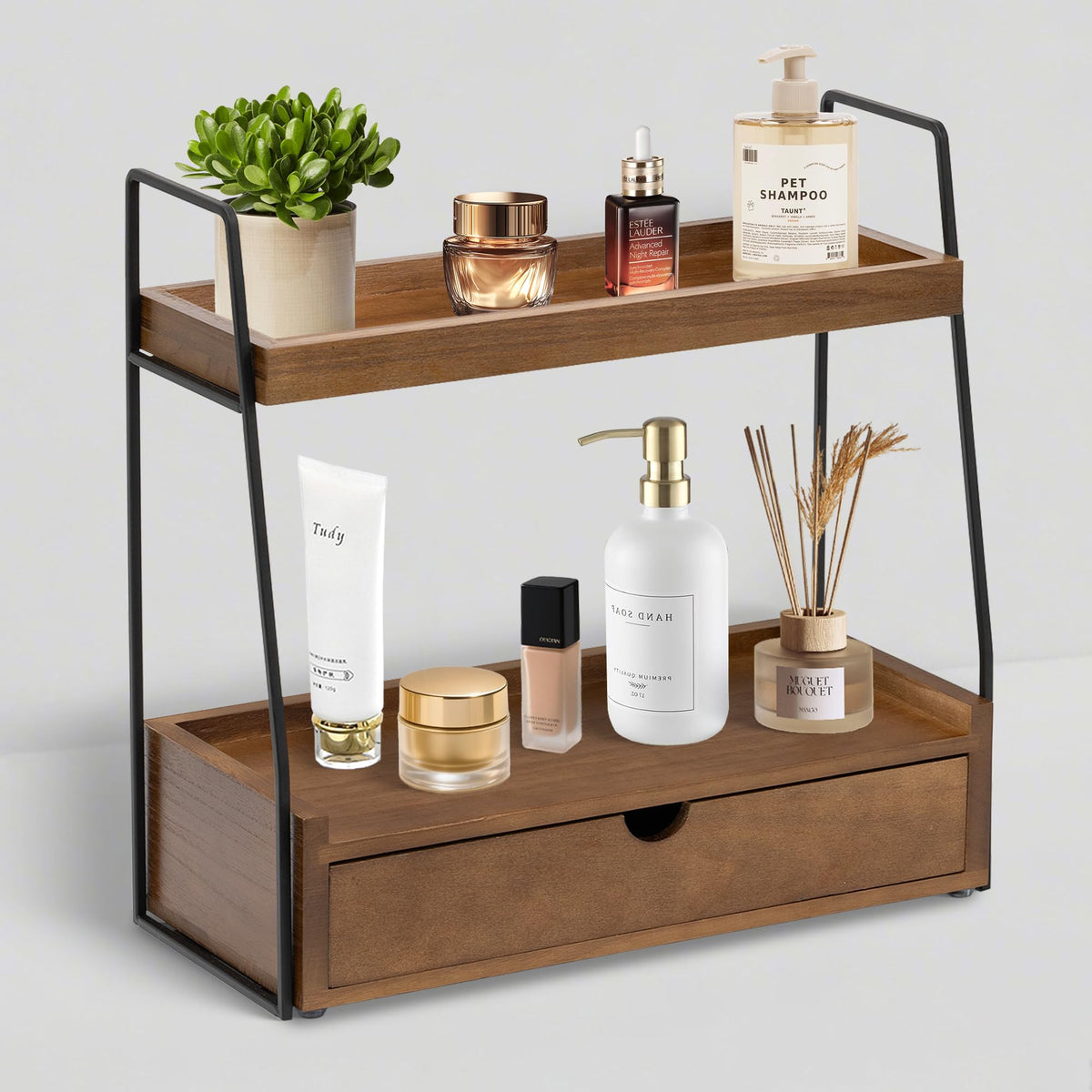 DreamPossible 2-tier bathroom organizer with drawer keeps toiletries neat and accessible.