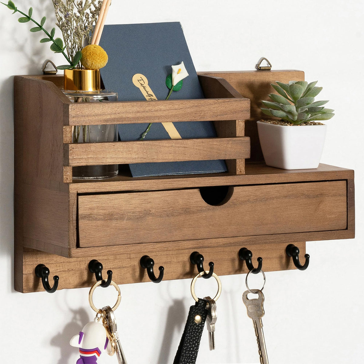 DreamPossible key and mail holder wall mount with six hooks and drawer for clutter-free entryways.