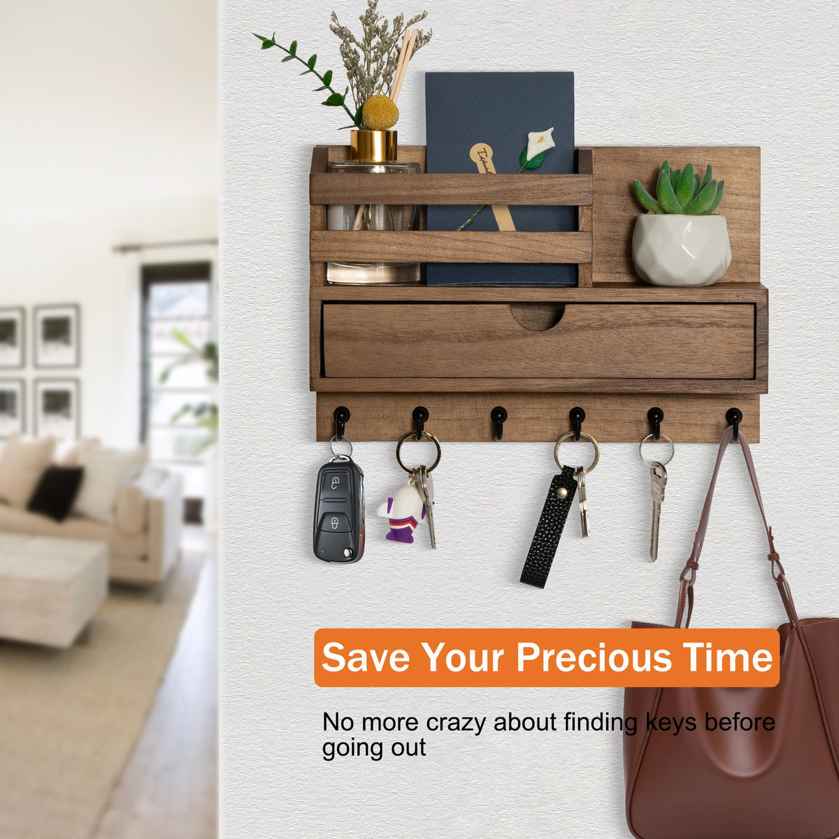 DreamPossible sturdy wood hooks support keys and small items.