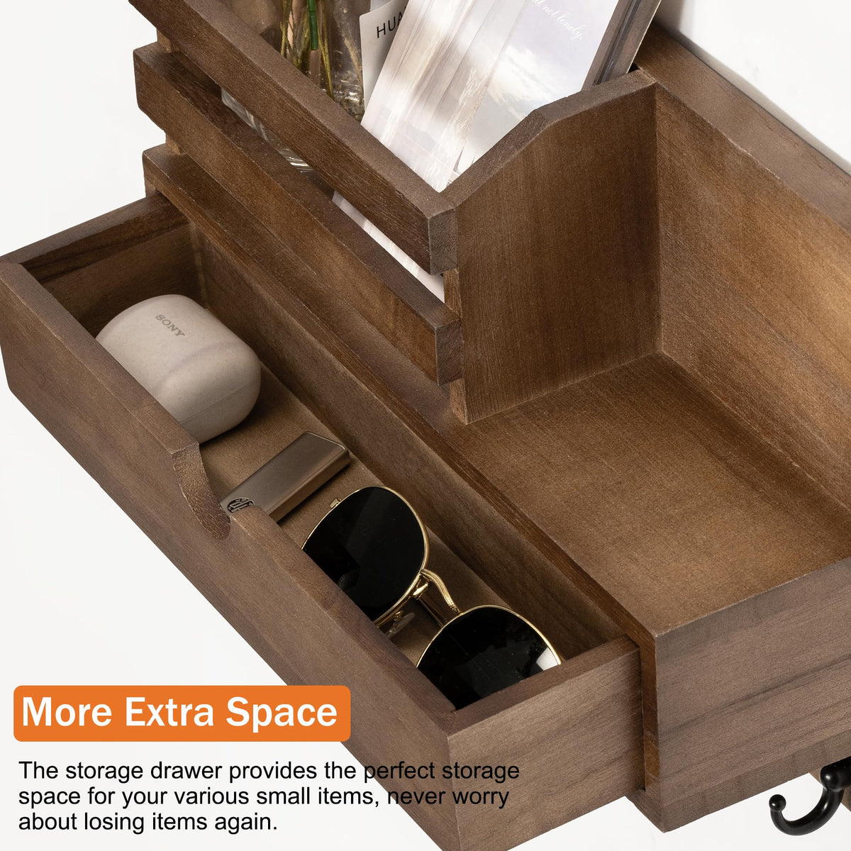 DreamPossible wall organizer showing mail slots and drawer for daily essentials.