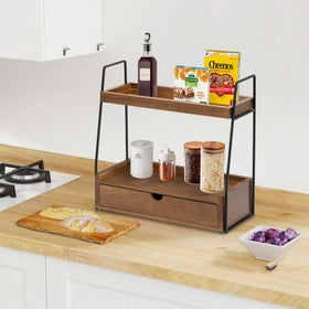 DreamPossible wood counter organizer adds stylish storage for cosmetics on the vanity.