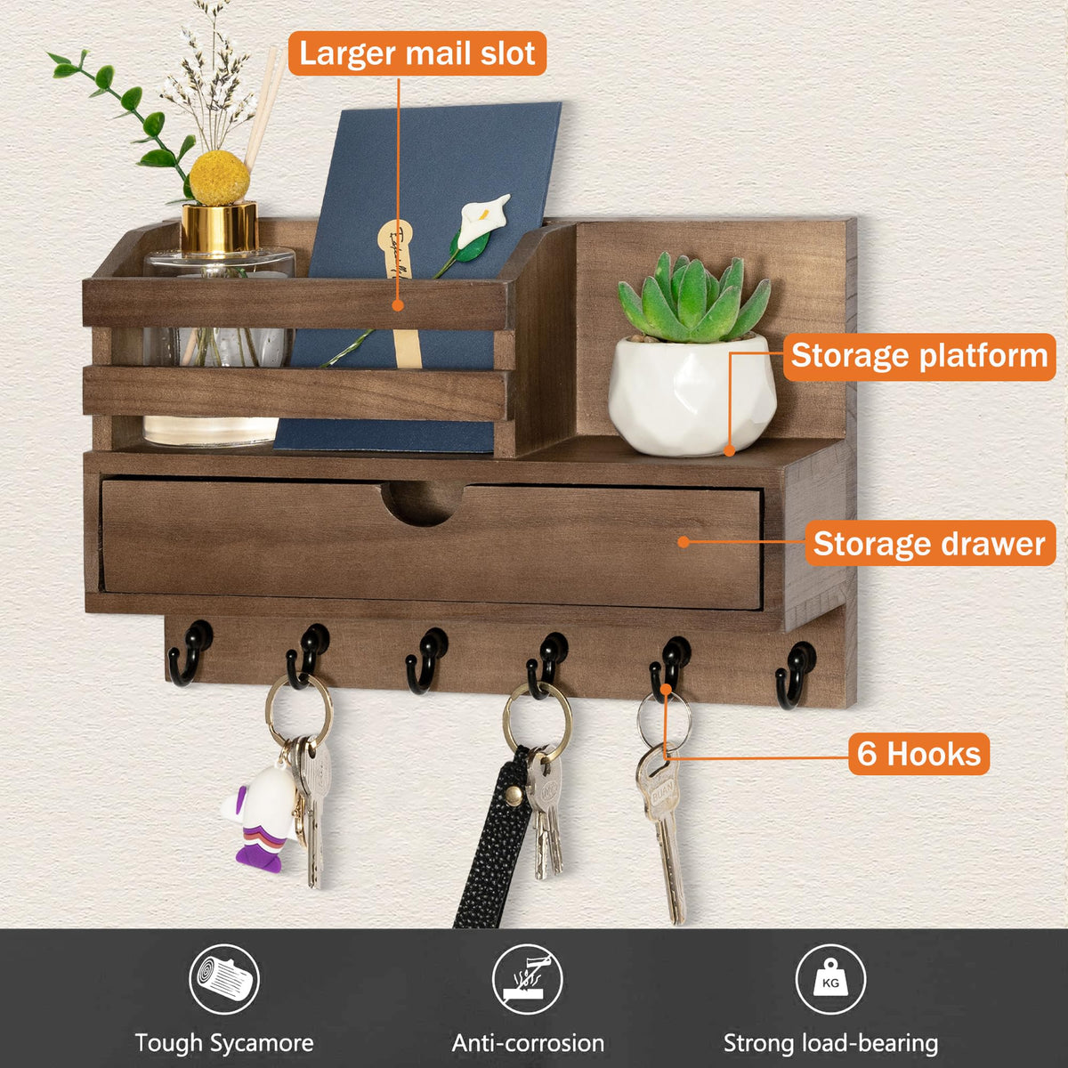 DreamPossible wooden key rack with shelf for organized home storage and decor.