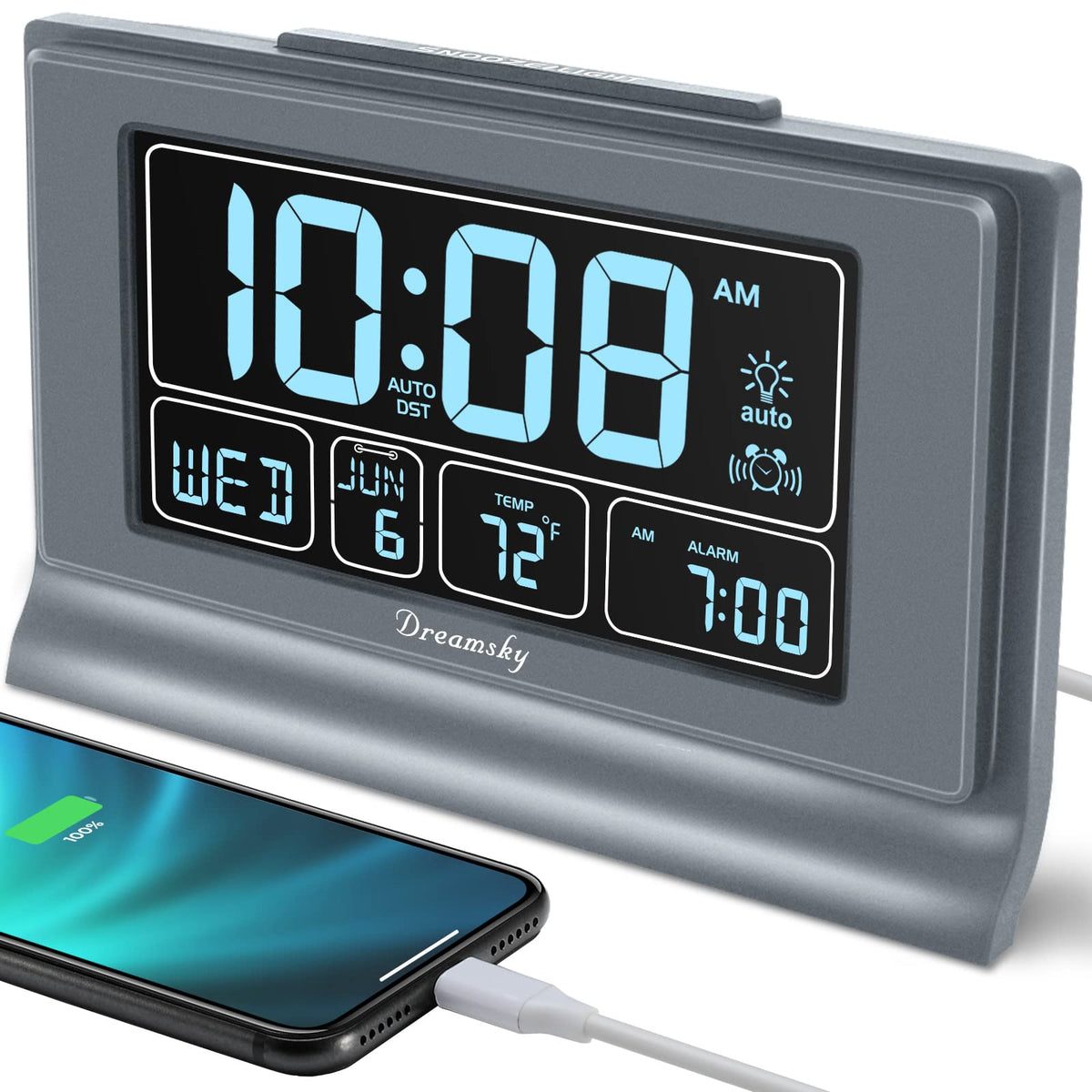 DreamSky 5-inch digital alarm clock display shows time, date, and temperature clearly.