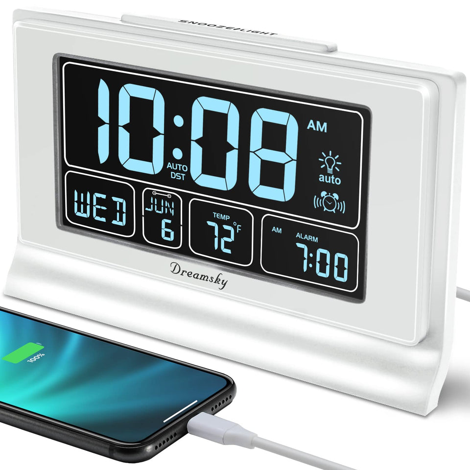 DreamSky alarm clock 5-inch display shows time, date, and temperature clearly for bedside reading.