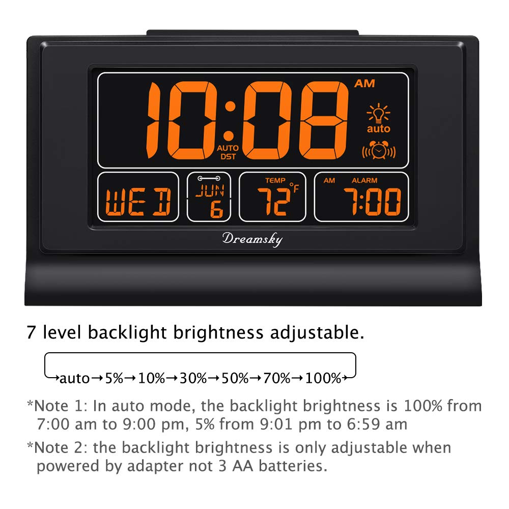 DreamSky alarm clock with backup battery keeps time and settings during power outages.