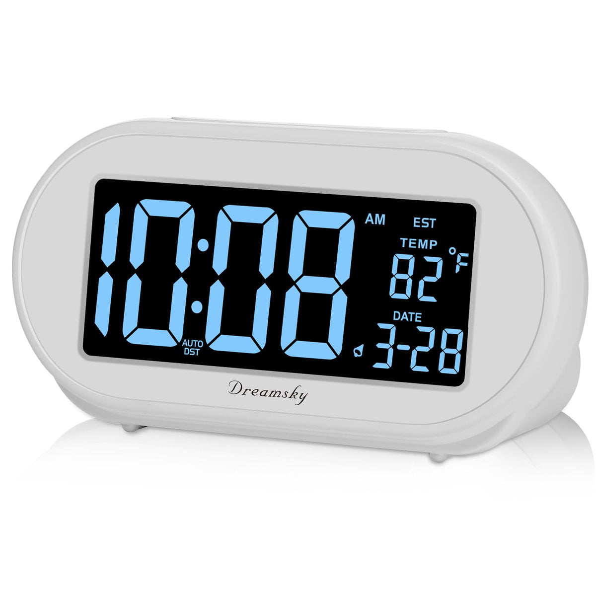 DreamSky alarm clock with large LCD screen for easy night time viewing.
