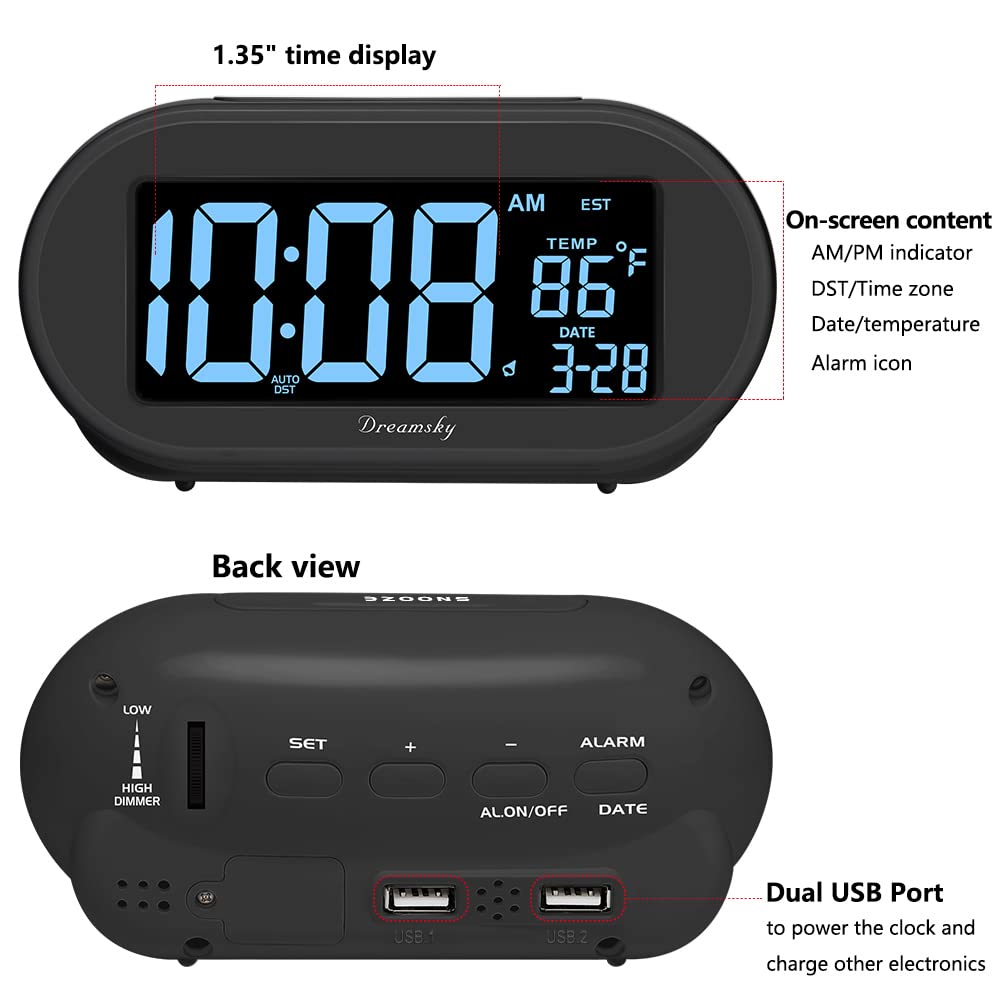DreamSky alarm clock date and temperature display for quick room context