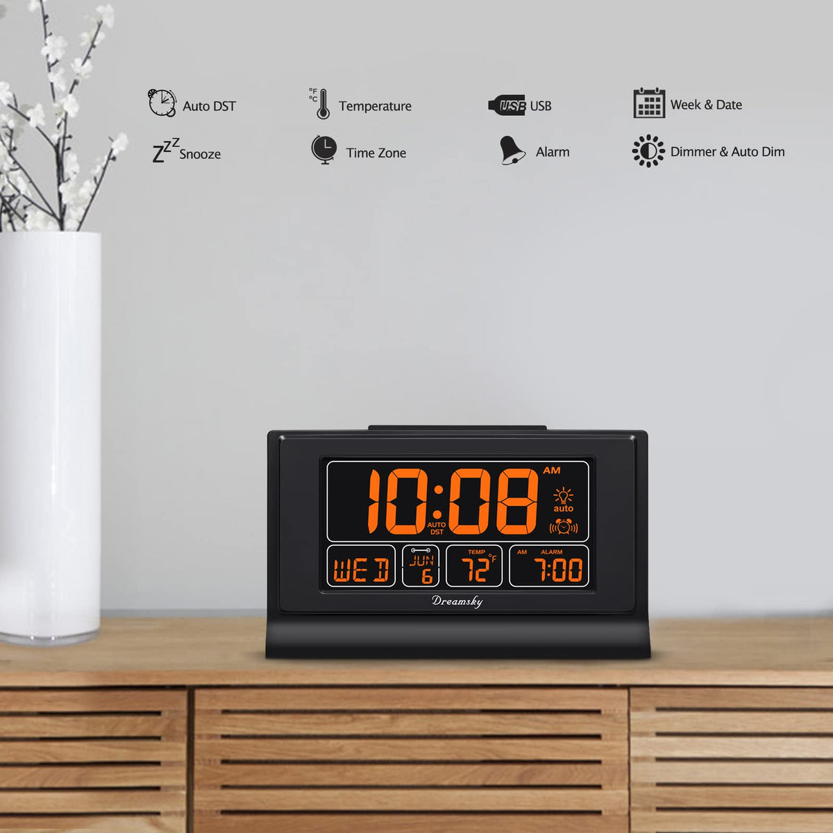 DreamSky ascending alarm with snooze helps you wake gradually.