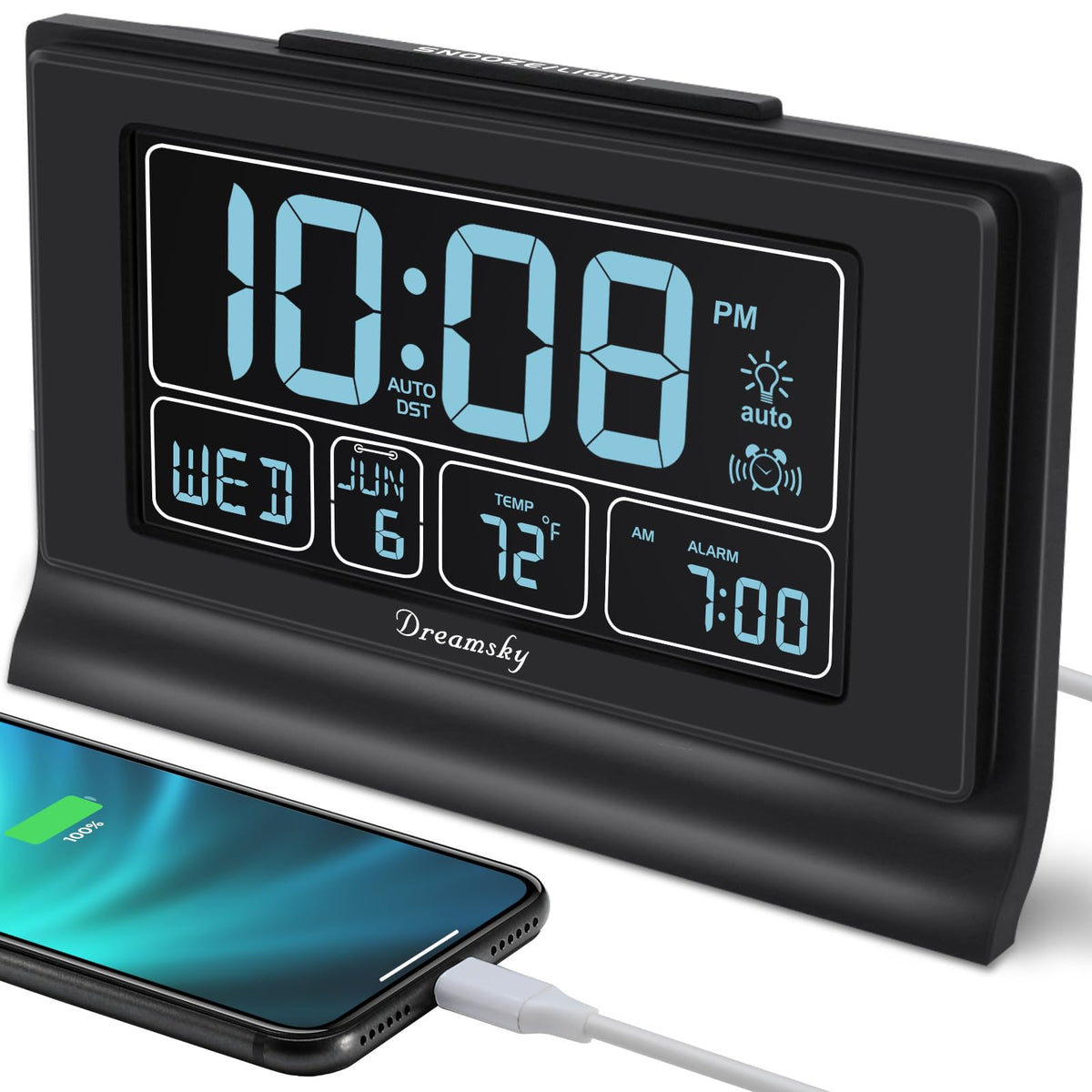 DreamSky alarm clock front display shows time, date and temperature clearly
