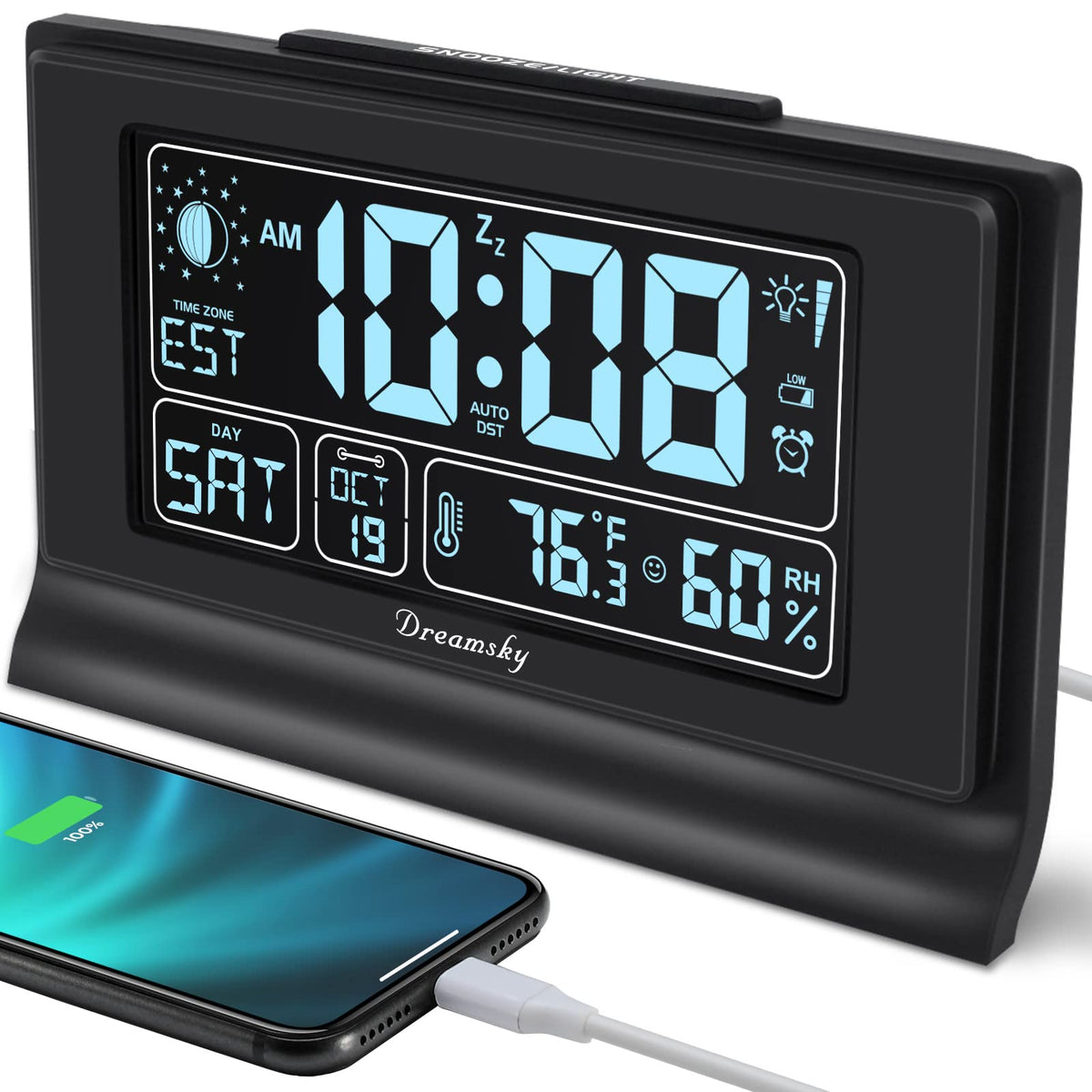 DreamSky alarm clock front view with clear bedside display.