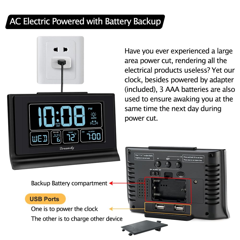 DreamSky alarm clock time and date display keeps you informed at a glance