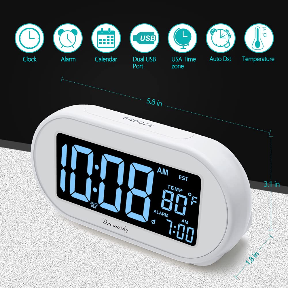DreamSky alarm clock showing USB charging port for devices.