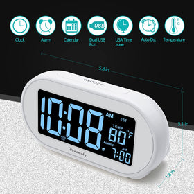DreamSky alarm clock showing USB charging port for devices.