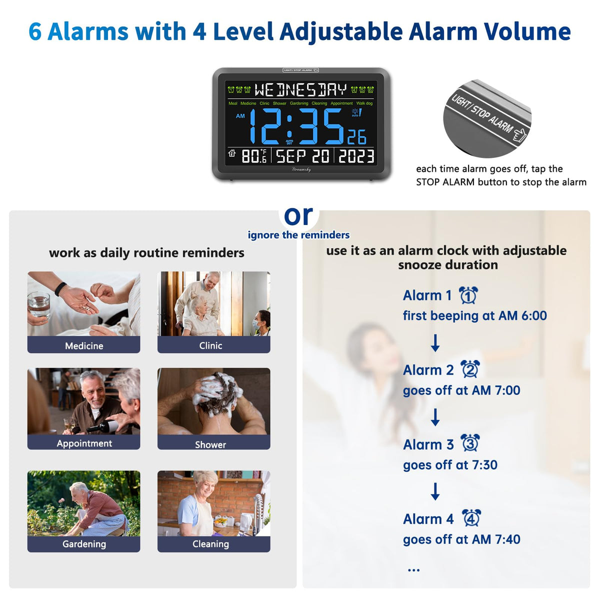 DreamSky digital clock with auto dimmer reduces glare at night.