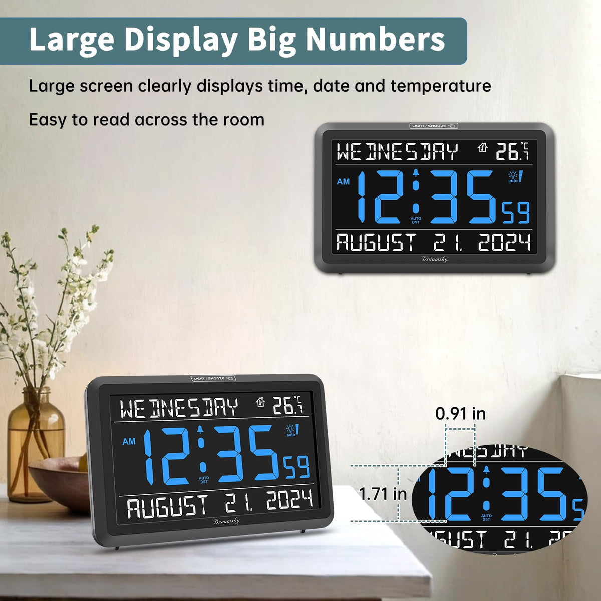 DreamSky auto-dimmer clock reduces glare with four brightness levels.
