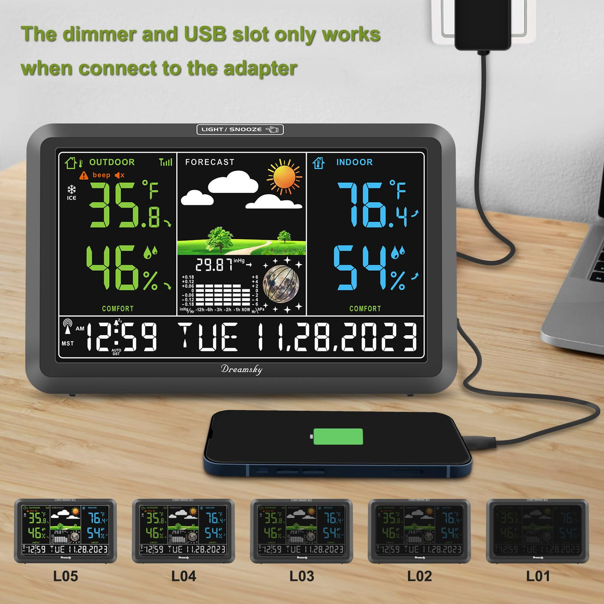 DreamSky wireless station with adjustable backlight for day and night readability.