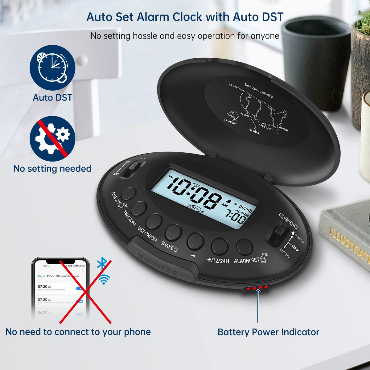 DreamSky backlit display aids nighttime time checks and visibility