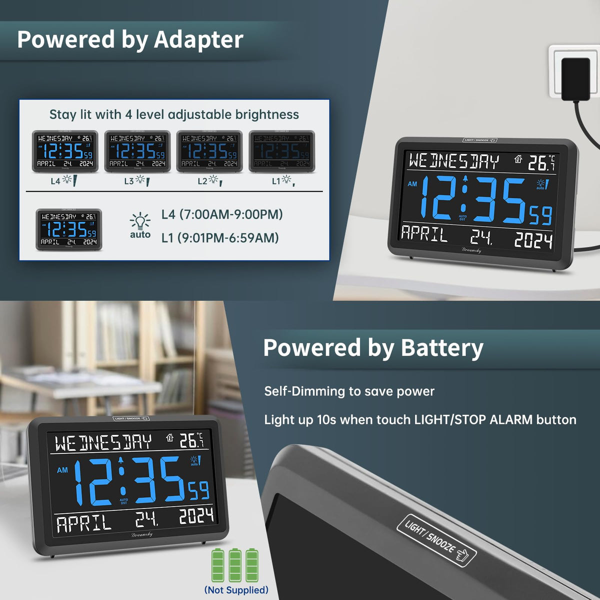 DreamSky alarm clock with battery backup maintains time during power outages.