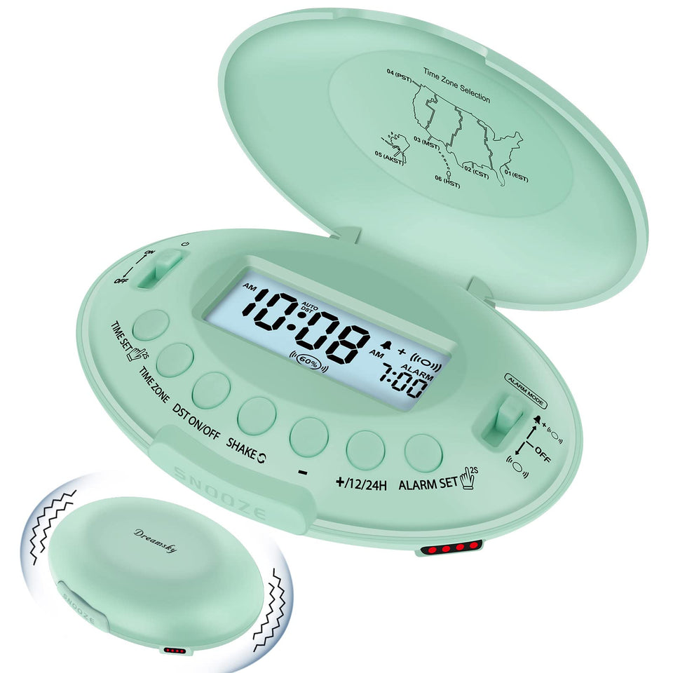 DreamSky bed shaker alarm on nightstand provides strong vibration for heavy sleepers.