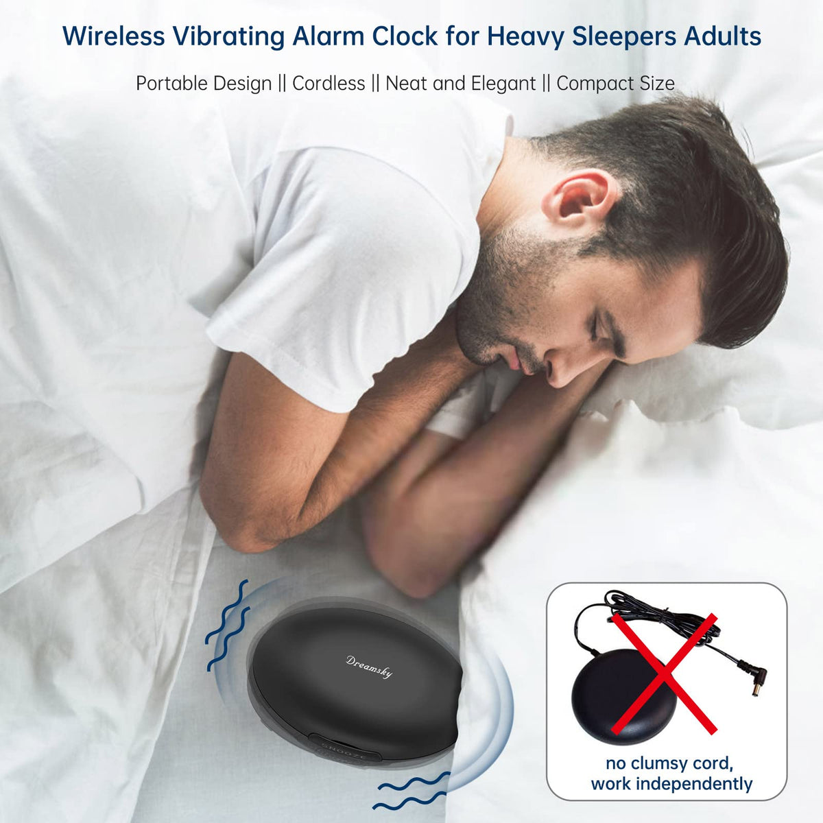 DreamSky bed shaker under pillow demonstrates discreet wake-up via vibration