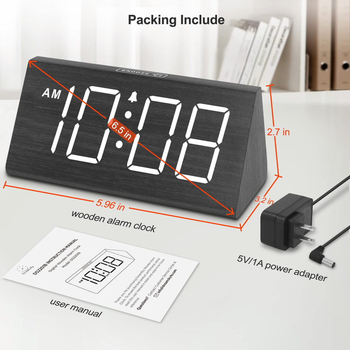 DreamSky wooden clock adds warm bedroom decor and style.