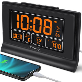 DreamSky digital alarm clock with a five-inch display provides quick at-a-glance time, date, and temperature for bedside convenience.