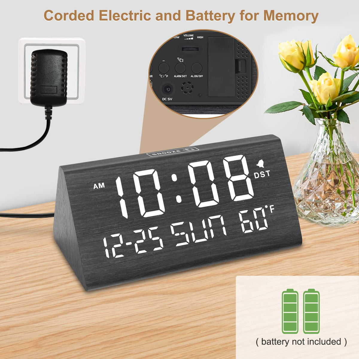 DreamSky digital alarm clock wooden display shows date and temperature for quick reference.